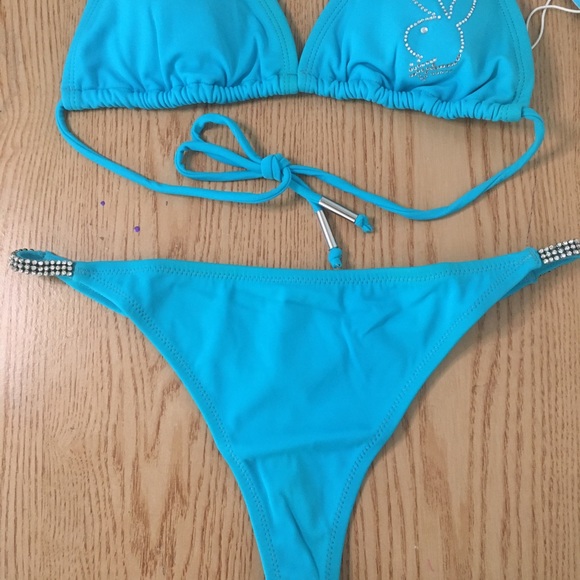 New 2pc Sexy Vintage Playboy Thong Bikini Swimsuit Diamonds Size Large & XL - Picture 6 of 13